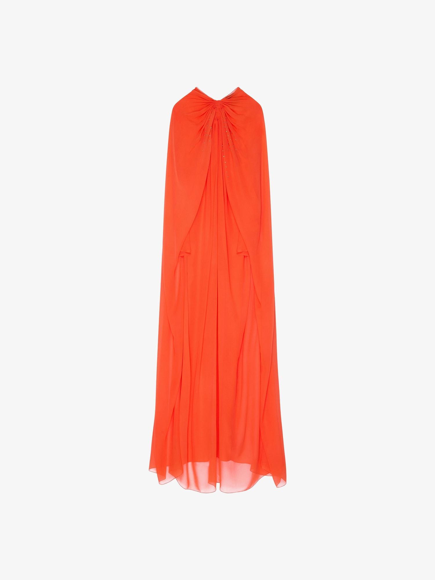 Evening cape dress in silk georgette with pearls Product Image