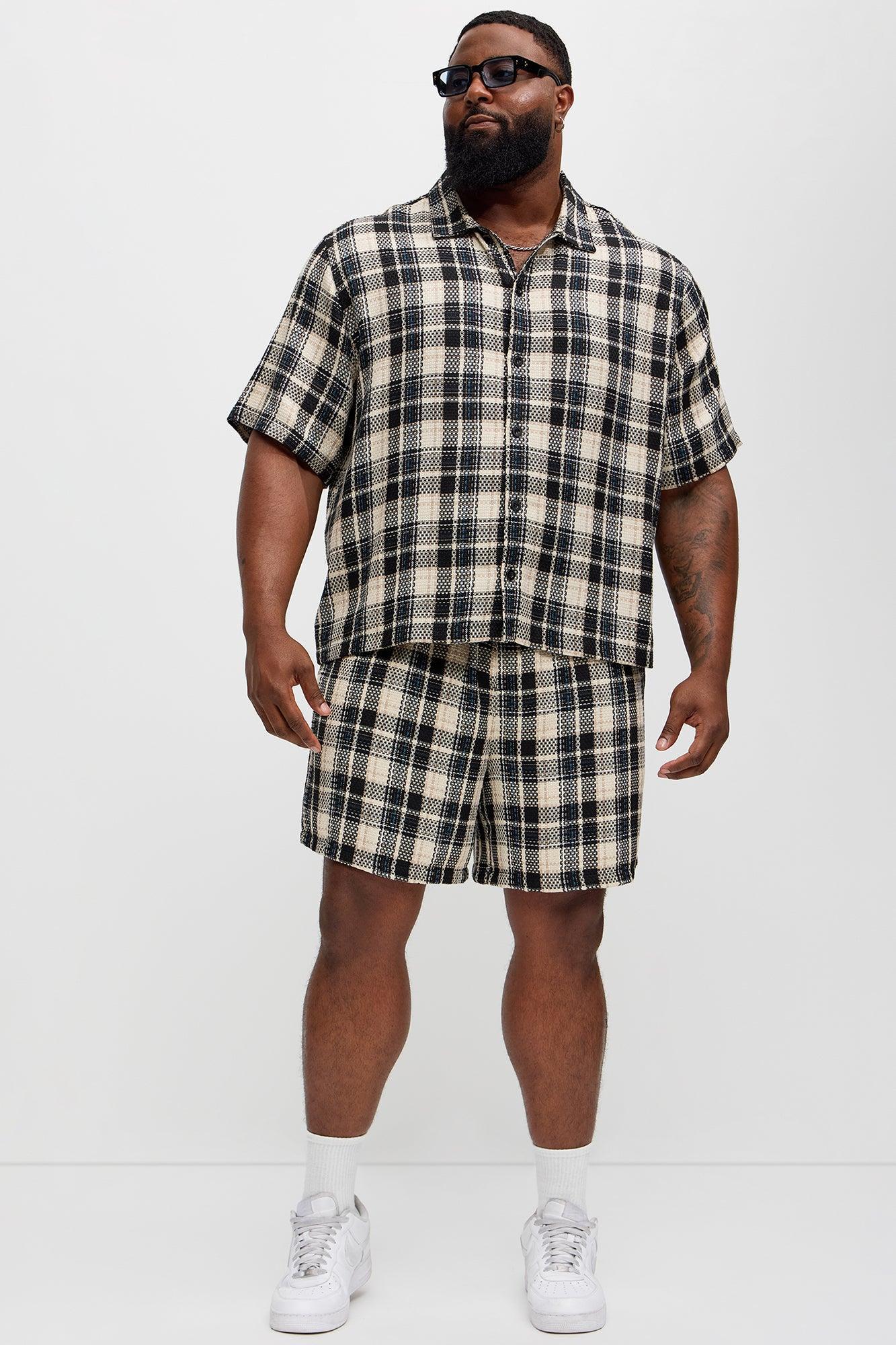 Plaid Basket Weave Cropped Button Up Shirt - Black/combo Product Image