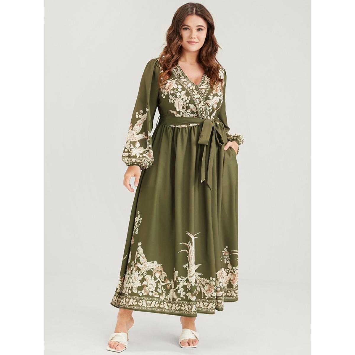 Plus Size Floral Button Split Lantern Sleeve Belted Pocket Wrap Dress ArmyGreen Women Vacation Embroidered V-neck Long Sleeve Curvy Long Dress BloomChic 10/M Product Image