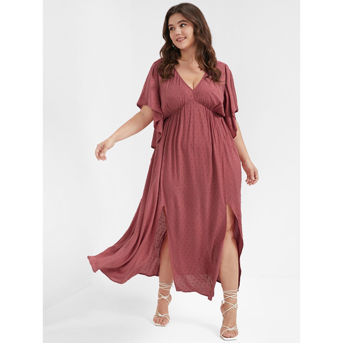 Plus Size Solid V Neck Ruffles Split Embroidered Maxi Dress DustyPink Women Elegant Elastic Waist V-neck Short sleeve Curvy Long Dress BloomChic 30/6X Product Image