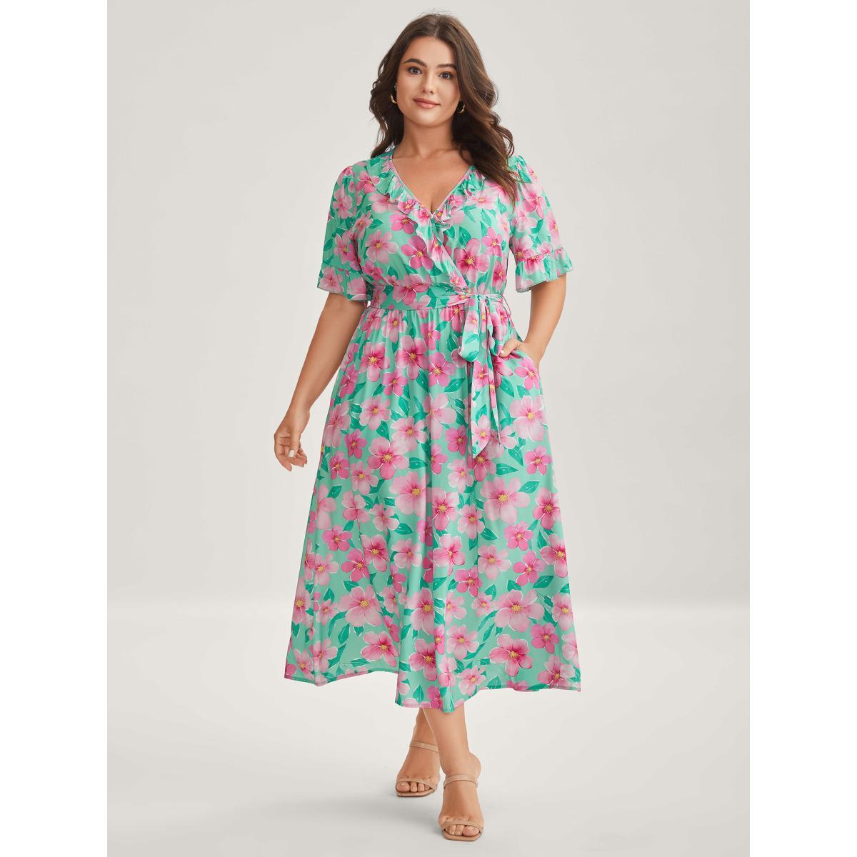 Plus Size Rayon Floral Print Pockets Midi Dress Multicolor Women Overlap Collar Short sleeve Curvy BloomChic 26/4X Product Image