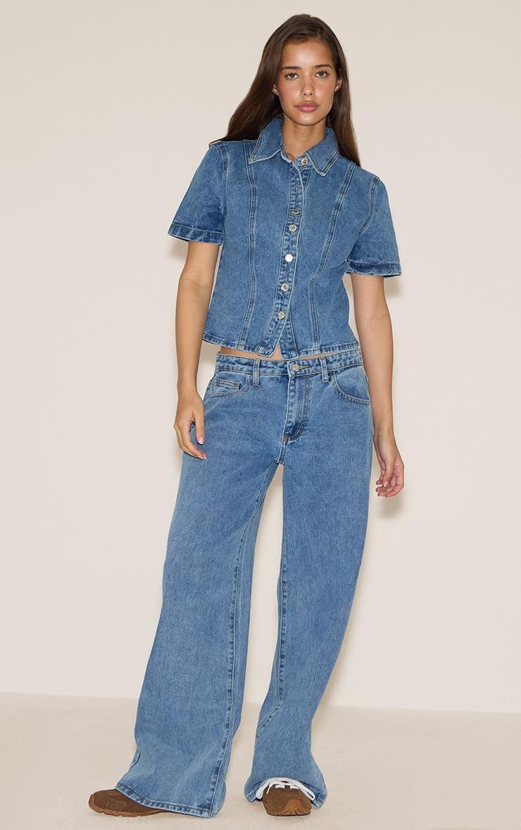 Mid Blue Wash Short Sleeve Fitted Denim Shirt Product Image