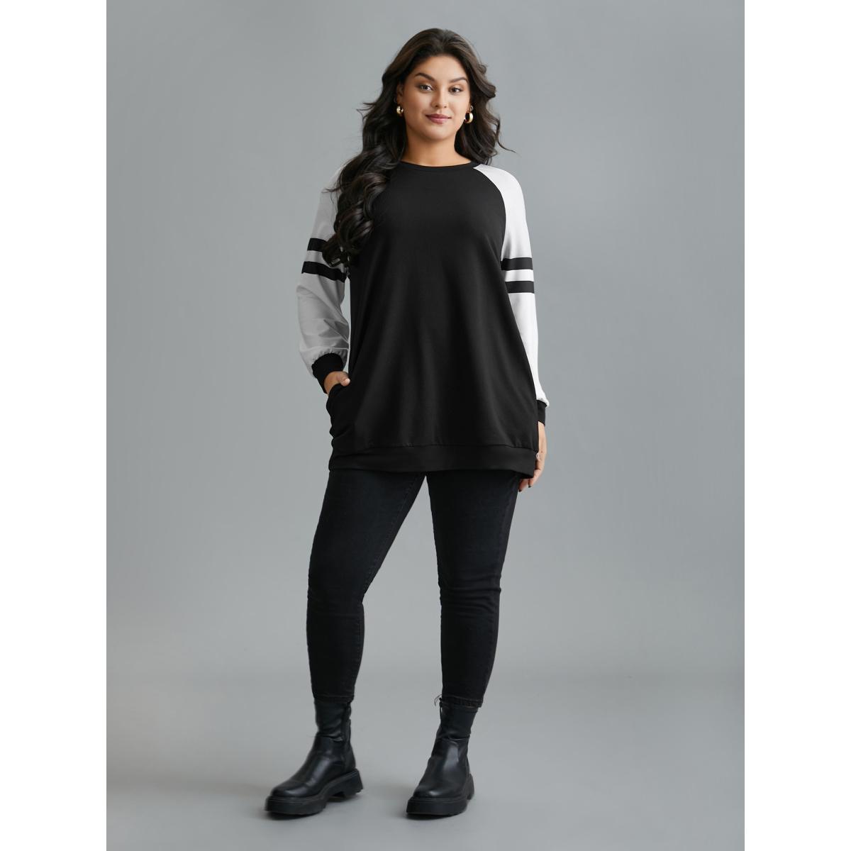 Plus Size Color Block Raglan Sleeve Stretchy Sweatshirt Women Black Casual Contrast Round Neck Everyday Sweatshirts BloomChic 18-20/2X Product Image