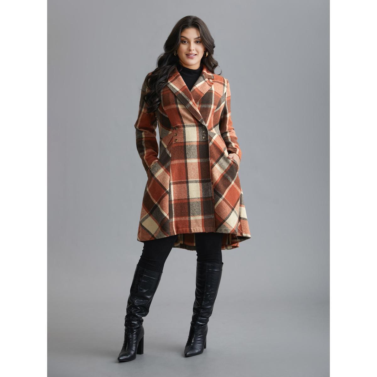 Plus Size Plaid Lapel Collar Waist Button Coat Women Yellowishbrown Elegant Button Ladies Everyday Winter Coats BloomChic 26/4X Product Image