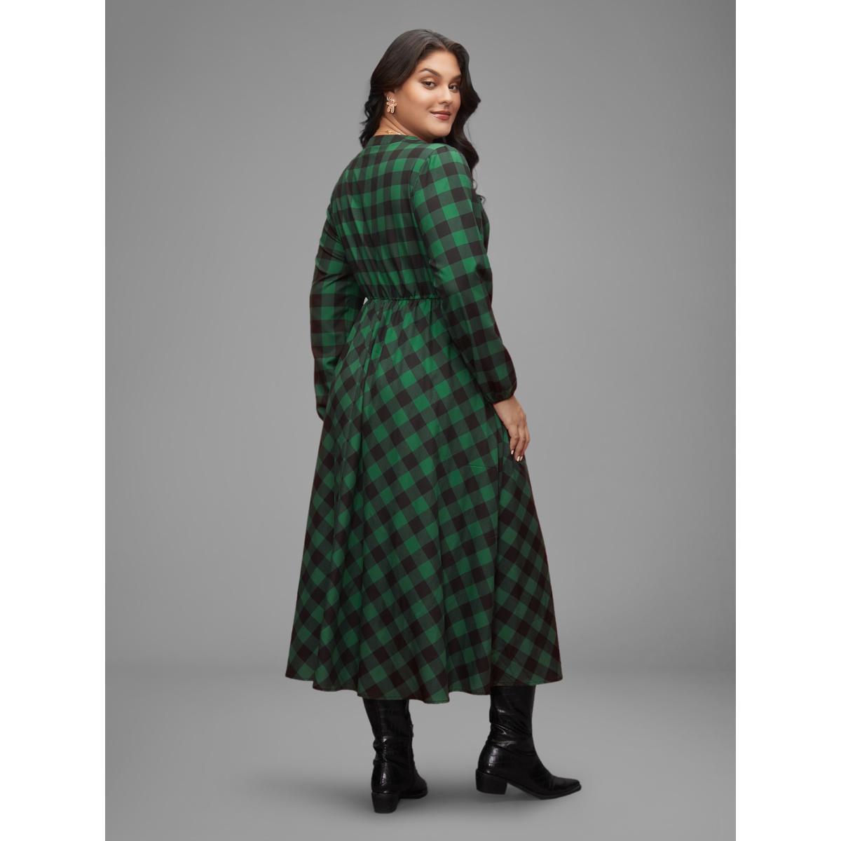 Plus Size Plaid Notched Collar Midi Dress DarkGreen Women Elegant Button Notched collar Long Sleeve Curvy BloomChic 26/4X Product Image