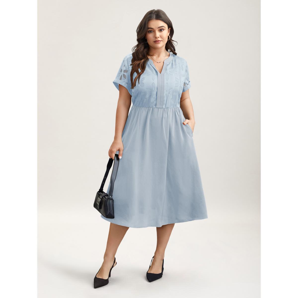 Plus Size Sheer Back Textured Cut-Out Midi Dress LightBlue Women At the Office Texture Notched collar Short sleeve Curvy BloomChic 18-20/2X Product Image