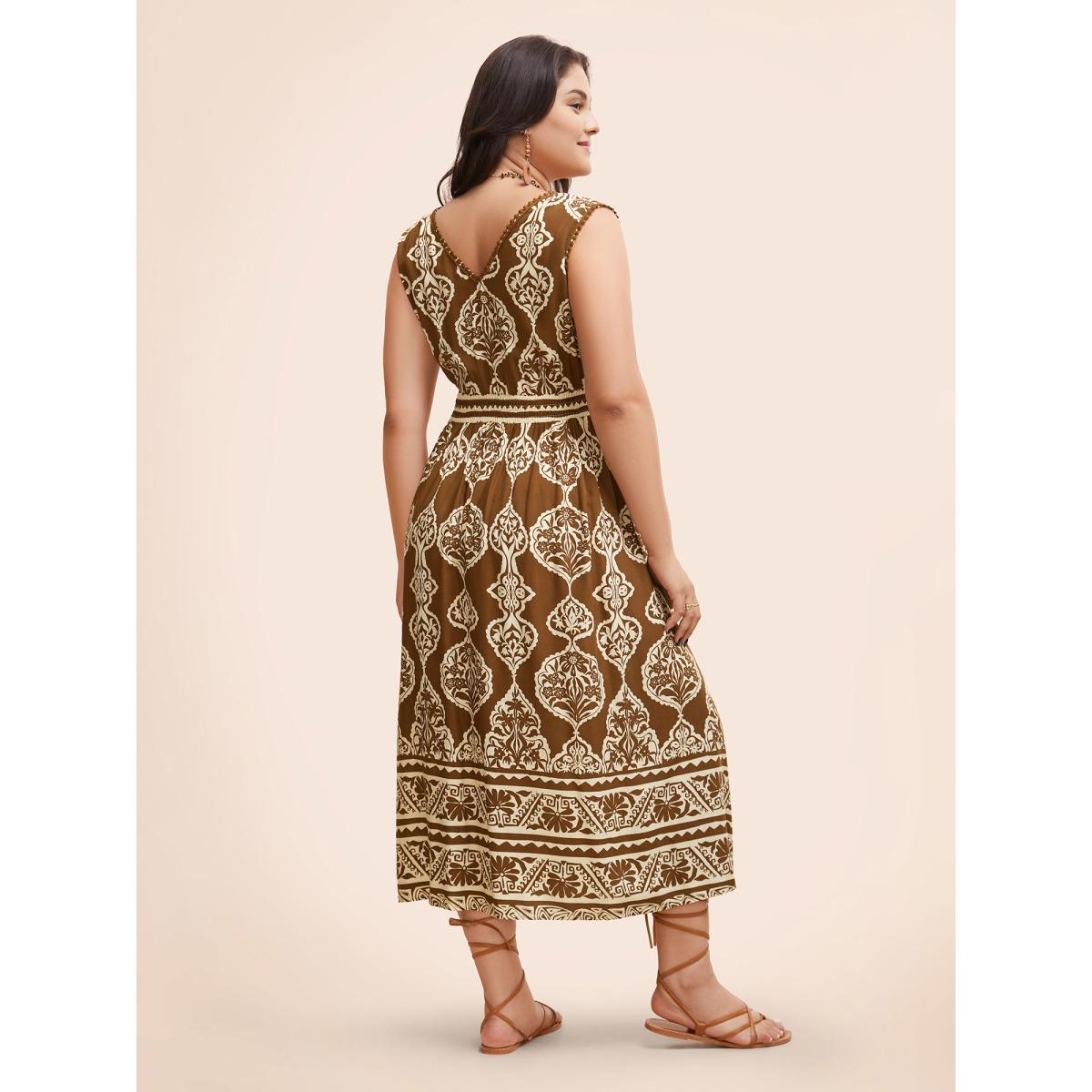 Plus Size Bandana Shirred Pompom Trim Midi Dress Yellowishbrown Women Resort Woven ribbon&lace trim V-neck Sleeveless Curvy BloomChic 26/4X Product Image