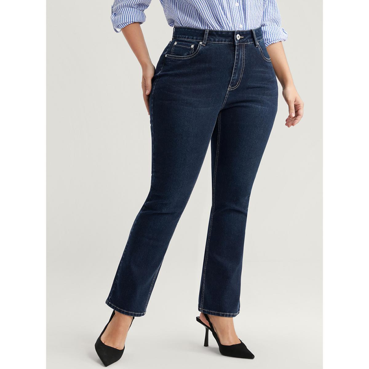 Plus Size Bootcut Very Stretchy High Rise Dark Wash Full Jeans Women DarkBlue Office Plain High stretch Pocket Jeans BloomChic 20/2X Product Image