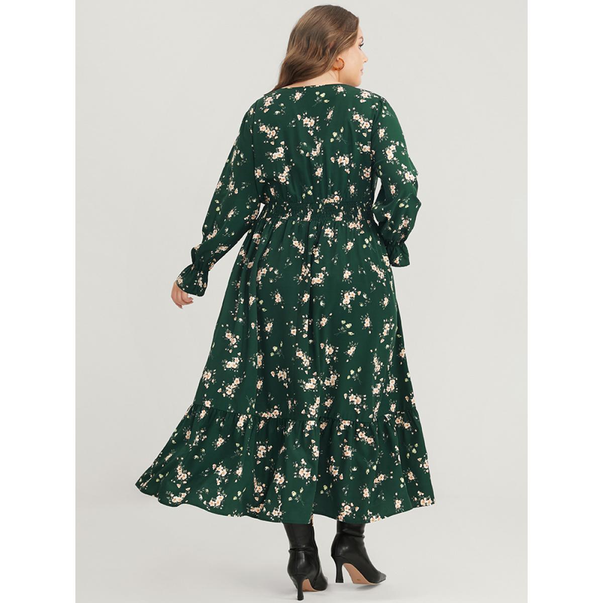 Plus Size Floral Lantern Sleeve Pocket Wrap Shirred Dress Without Hat DarkGreen Women Elegant Pocket V-neck Long Sleeve Curvy Midi Dress BloomChic 14-16/1X Product Image