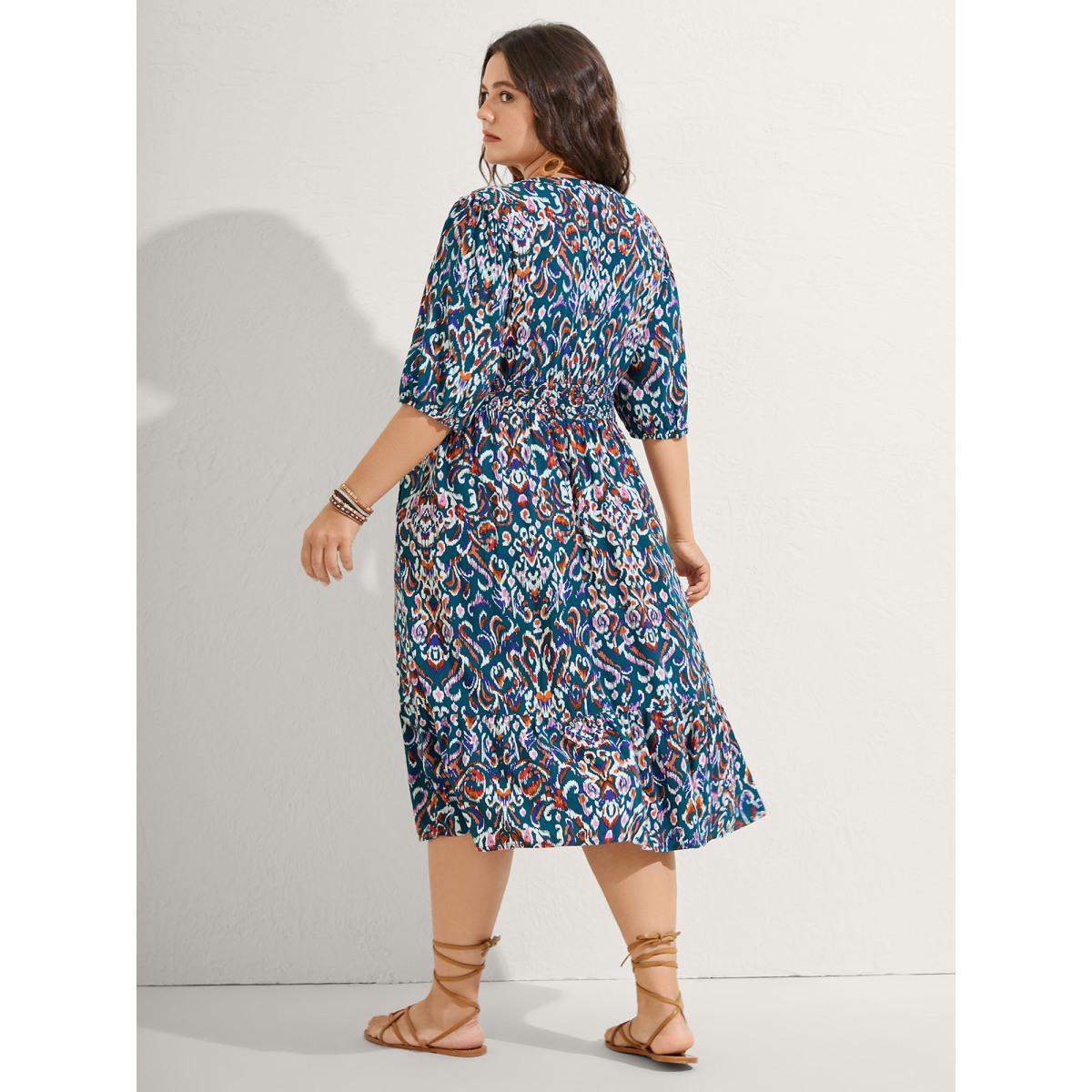 Plus Size Abstract Print Shirred Waist Midi Dress Aegean Women Flat collar with V-notch Half Sleeve Curvy BloomChic 18-20/2X Product Image