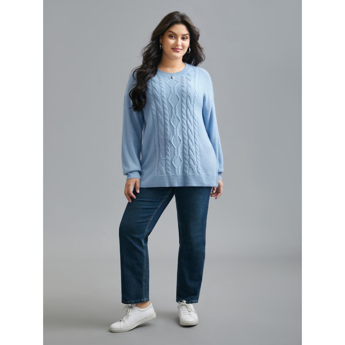 Plus Size Solid Round Neck Plisse Cable Knit Pullover LightBlue Women Casual Loose Long Sleeve Round Neck Everyday Pullovers BloomChic 12/L Product Image