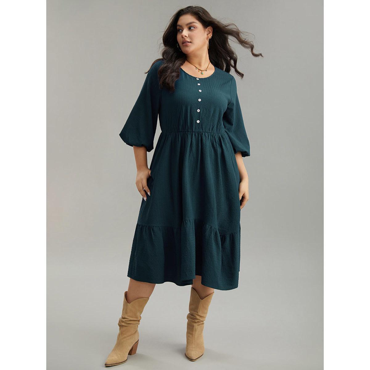 Plus Size Plain Textured Button Detail Pocket Dress DarkGreen Women Vacation Elastic cuffs Round Neck Elbow-length sleeve Curvy Midi Dress BloomChic 12/L Product Image
