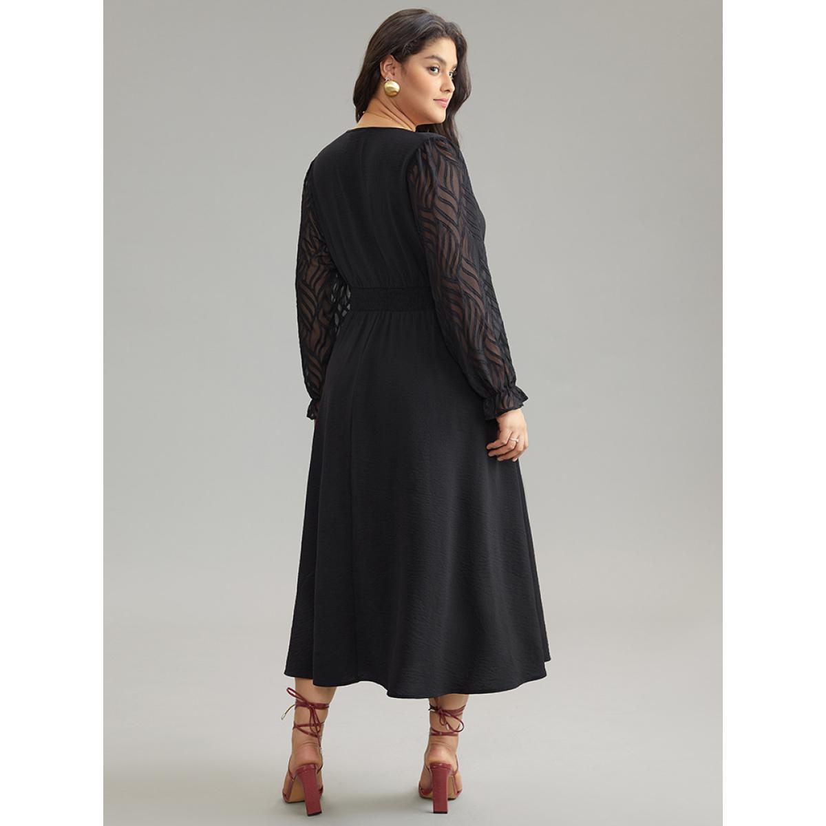 Plus Size Graphic Mesh Patchwork Pocket Split Side Dress Black Women Elegant Wrap Overlap Collar Long Sleeve Curvy Midi Dress BloomChic 18-20/2X Product Image