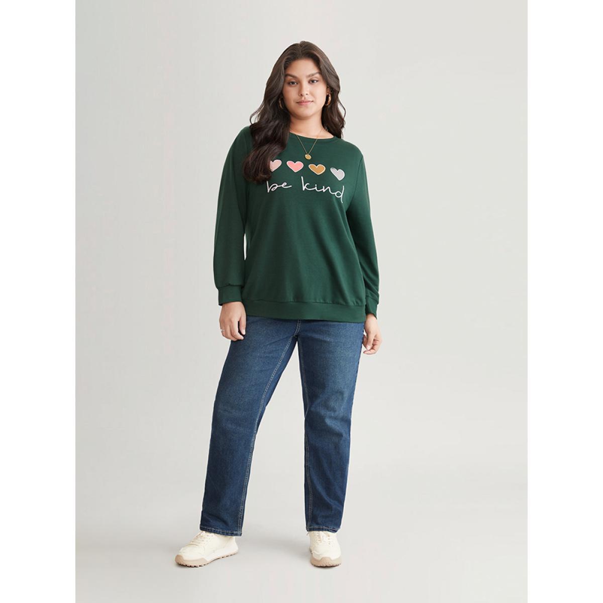 Plus Size Slogans Heart Print Round Neck Sweatshirt Women DarkGreen Casual Printed Dailywear Sweatshirts BloomChic 14-16/1X Product Image