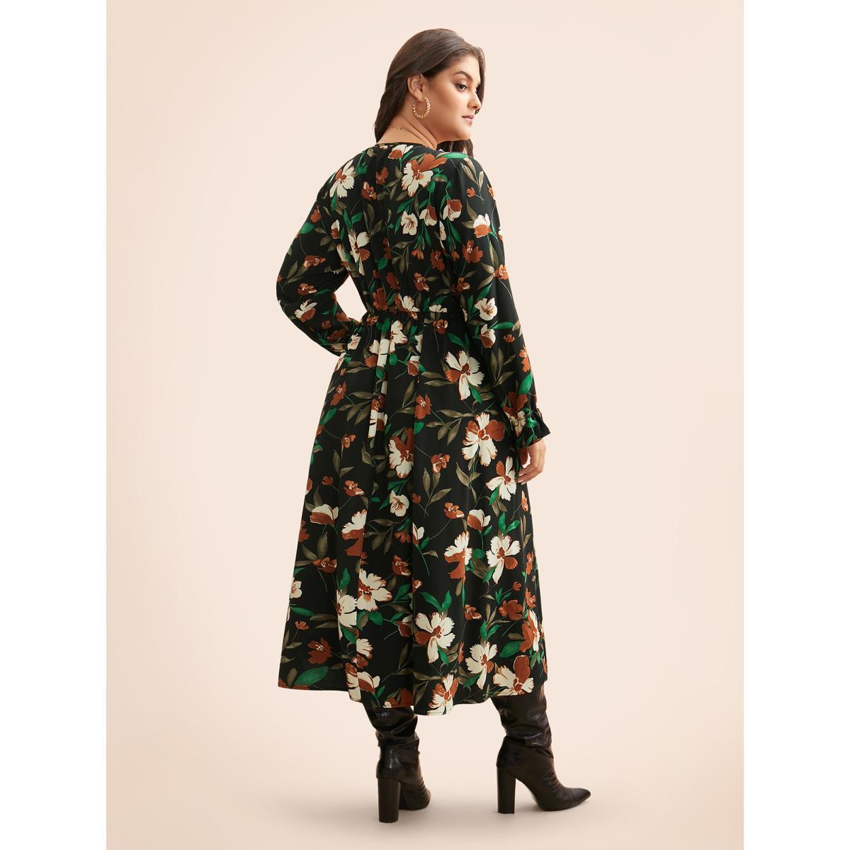 Plus Size Floral Elastic Waist Frill Trim Midi Dress BlackFlower Women Elegant Frill Trim V-neck Long Sleeve Curvy BloomChic 22-24/3X Product Image