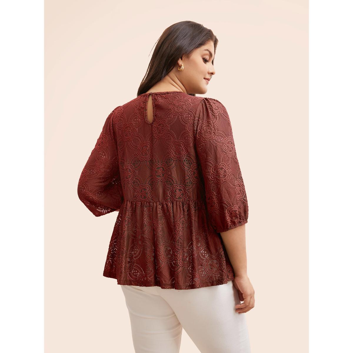 Plus Size Rust Crew Neck Crochet Lace Lantern Sleeve Blouse Women Elegant Elbow-length sleeve Round Neck Everyday Blouses BloomChic 26/4X Product Image