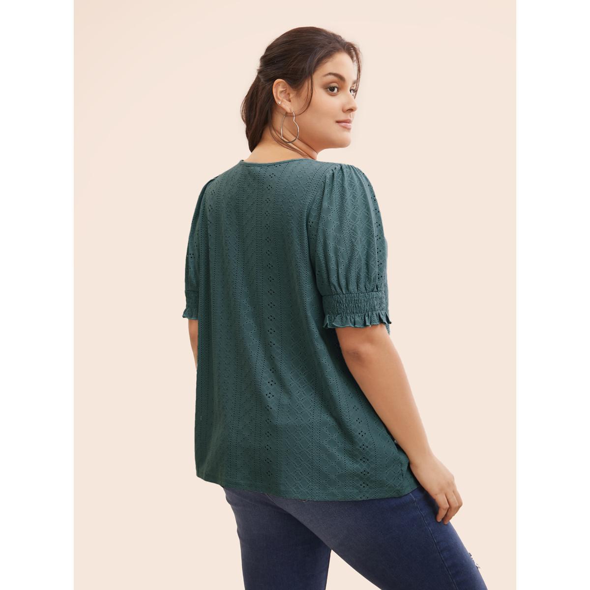 Plus Size Plain Broderie Anglaise Shirred Puff Sleeve Button Detail T-shirt Cyan Women Casual Button Plain V-neck Everyday T-shirts BloomChic 18-20/2X Product Image