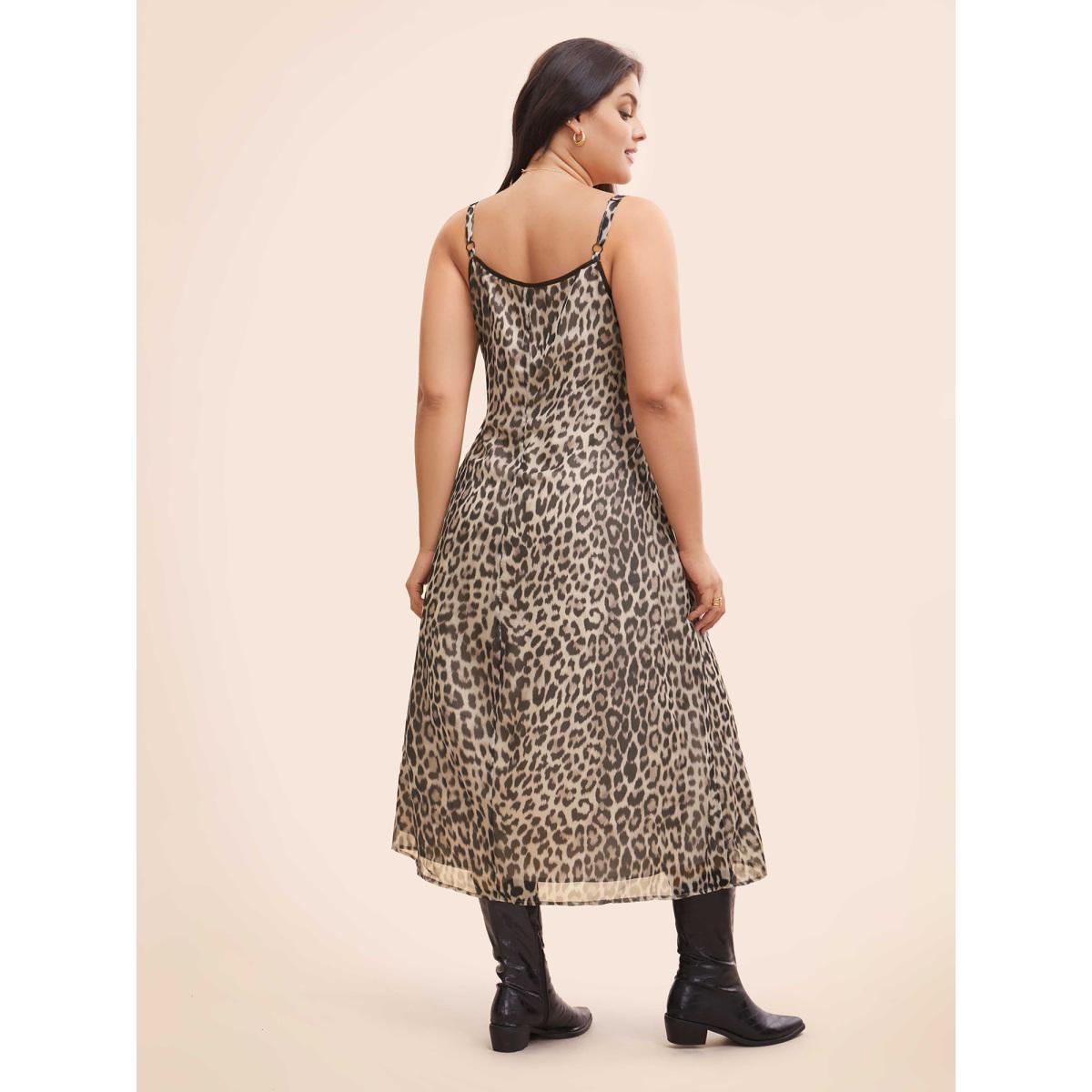 Plus Size Leopard Print Mesh Cami Dress LightBrown Women At the Office See through V-neck Sleeveless Curvy BloomChic 28/5X Product Image