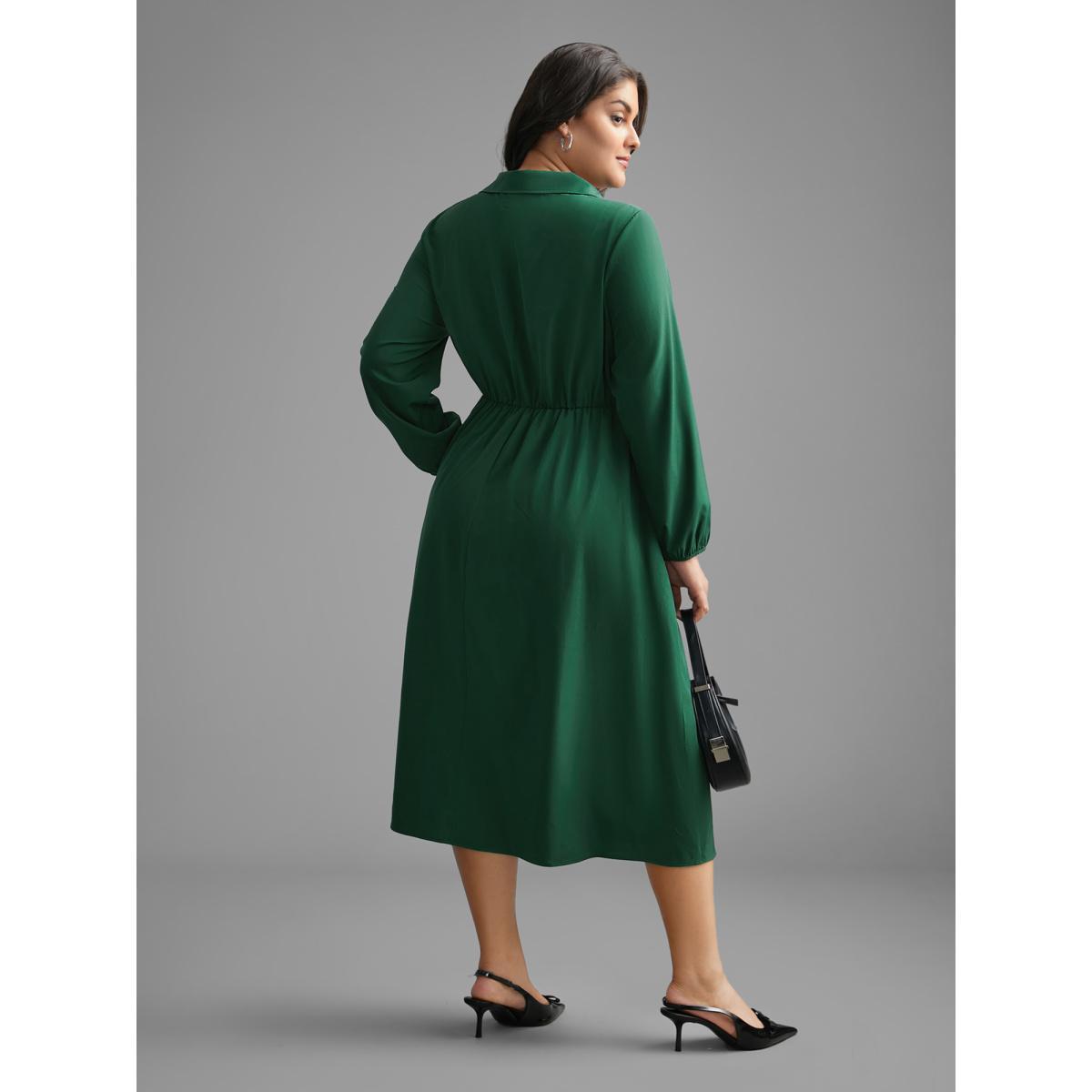 Plus Size Shirt Collar Pleated Button Detail Dress ArmyGreen Women At the Office Pleated Shirt collar Long Sleeve Curvy BloomChic 28/5X Product Image