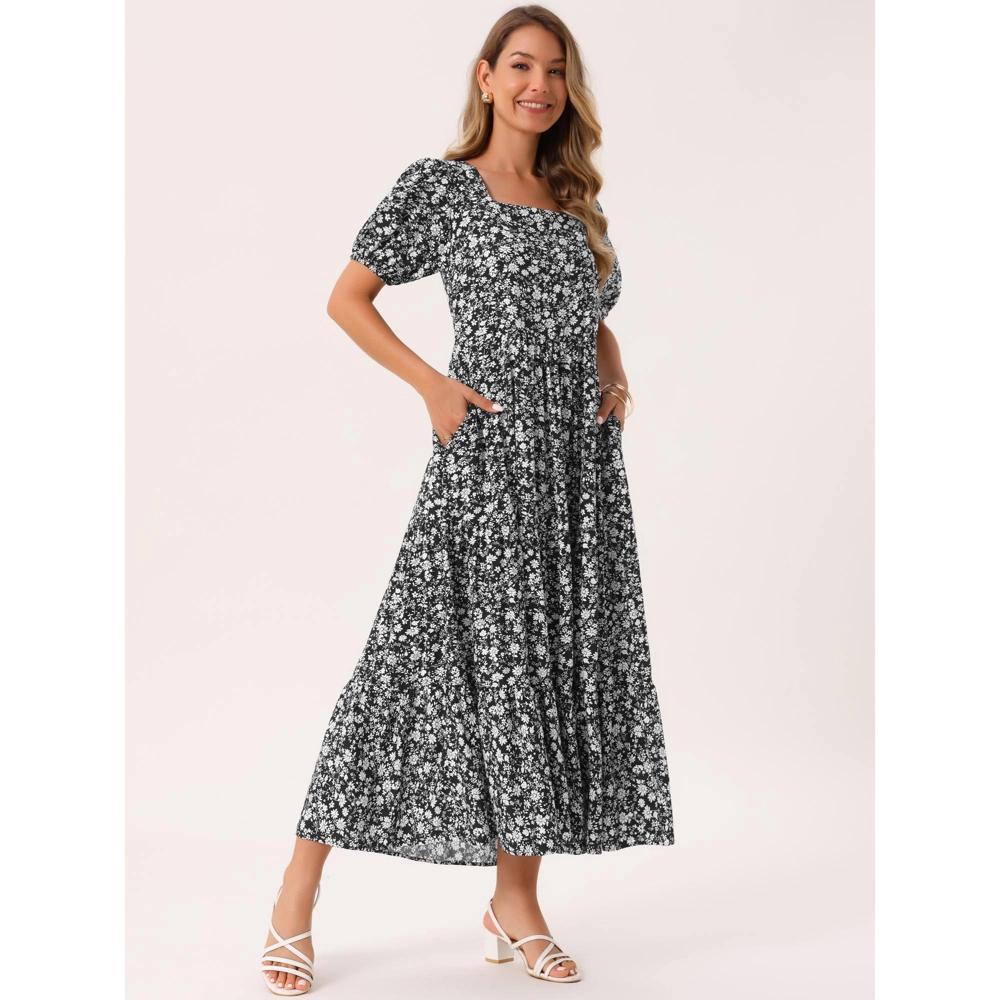 INSPIRE CHIC Women's Summer Floral Puff Short Sleeve Square Neck Boho Casual Pockets Tiered Midi Dress Product Image