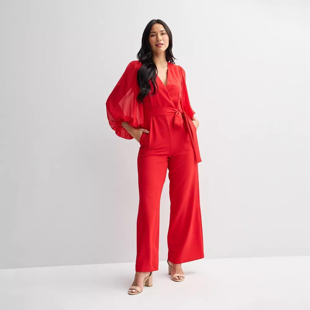 Women's Donna Ricco Long Sleeve Wrap Jumpsuit, Size: 10, Red Product Image