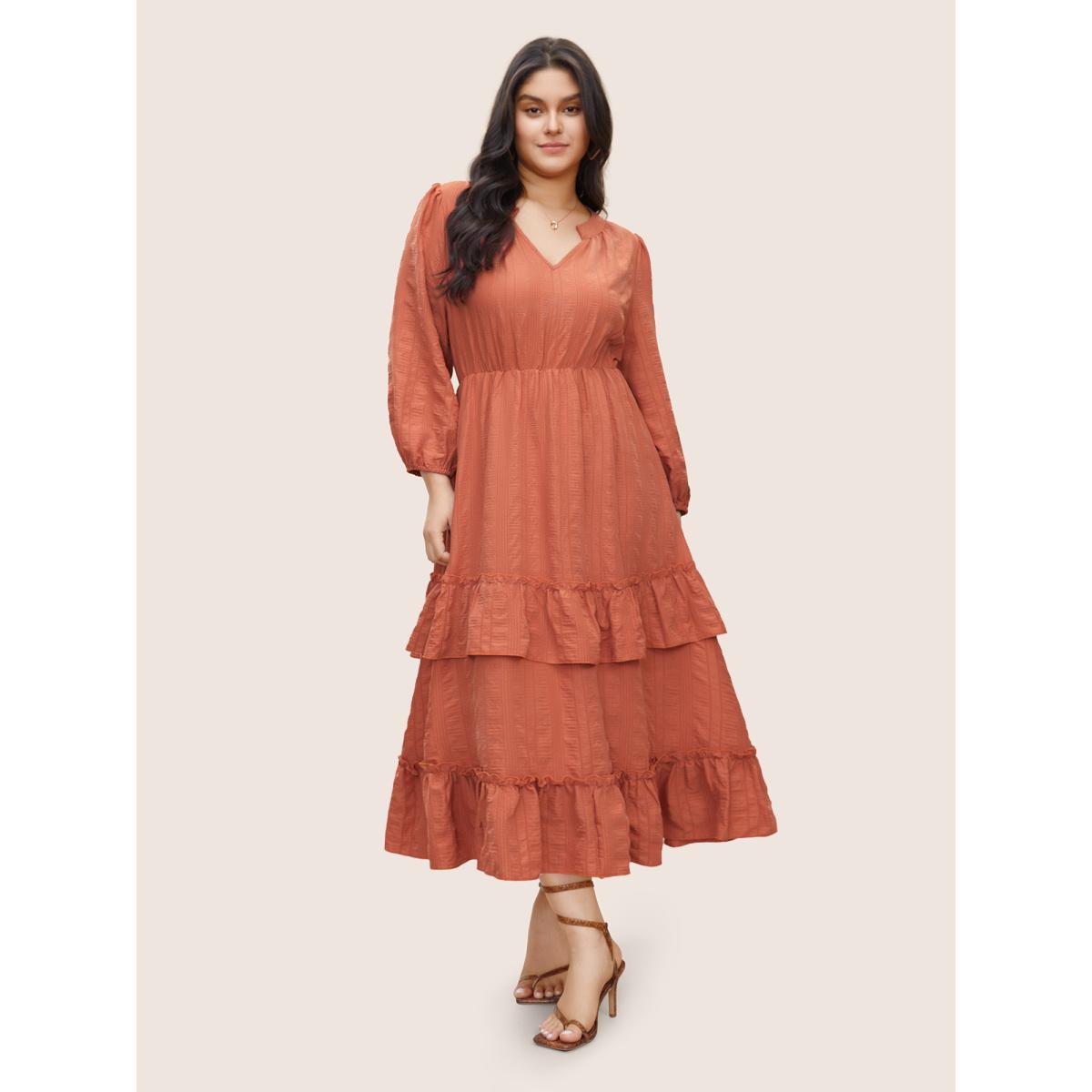 Plus Size Plisse Notched Ruffle Trim Layered Hem Dress Chocolate Women Elegant Non Notched collar Long Sleeve Curvy Midi Dress BloomChic 18-20/2X Product Image