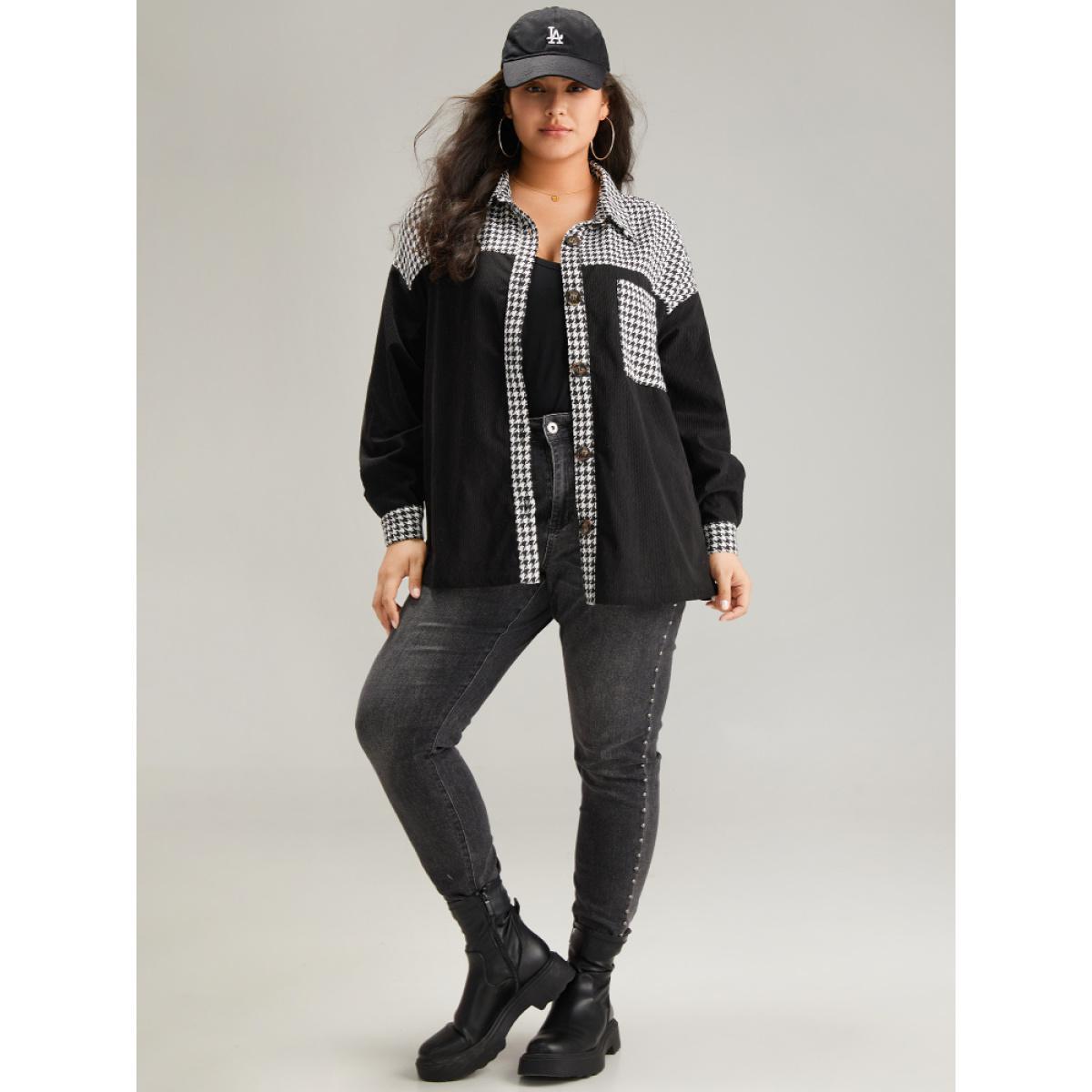 Plus Size Houndstooth Patchwork Pocket Button Through Corduroy Coat Women Black Casual Contrast Ladies Dailywear Winter Coats BloomChic 18-20/2X Product Image