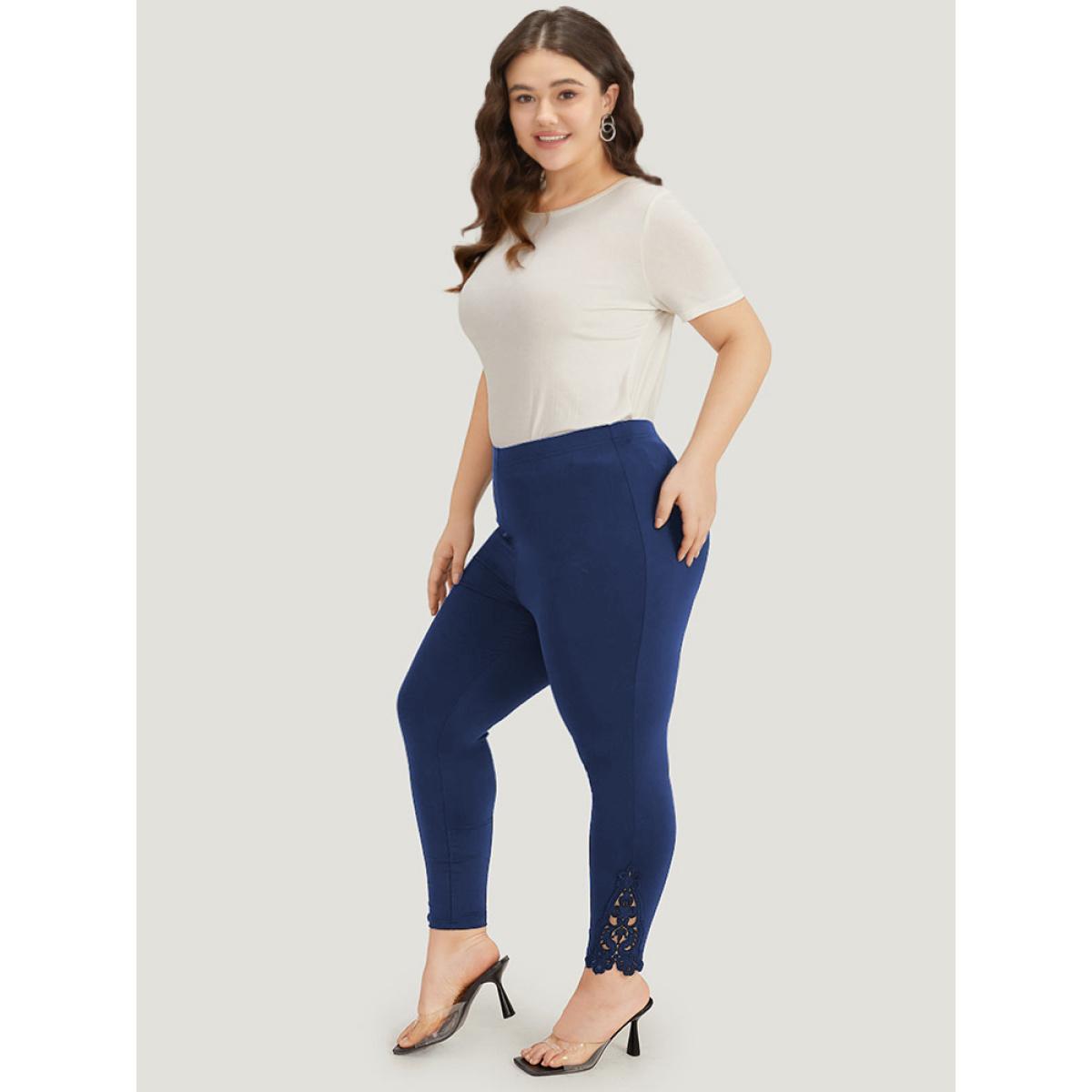 Plus Size Plain Lace Panel Skinny Elastic Waist Leggings Women Indigo Elegant High stretch Skinny High Rise Dailywear Leggings BloomChic 18-20/2X Product Image