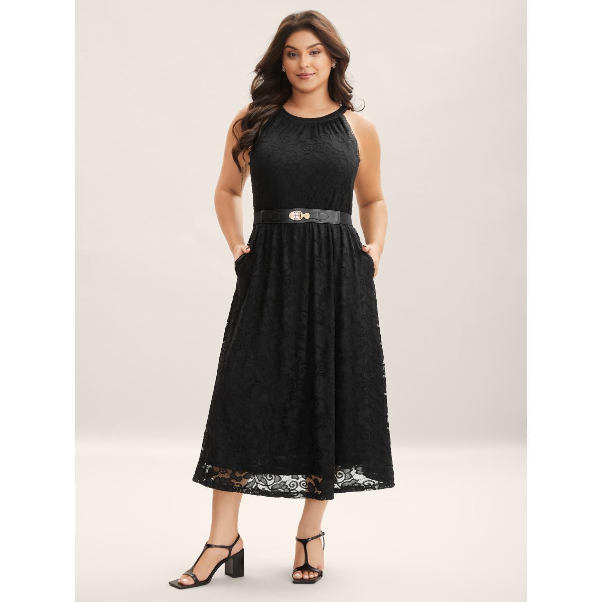 Plus Size Textured Lace Sleeveless Pockets Midi Dress Black Women Round Neck Sleeveless Curvy BloomChic 10/M Product Image