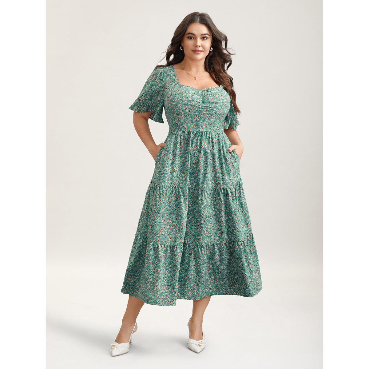 Plus Size Ditsy Floral Print Sweetheart Neckline Tiered Dress Sage Women Elegant Gathered Heart neckline Short sleeve Curvy BloomChic 18-20/2X Product Image