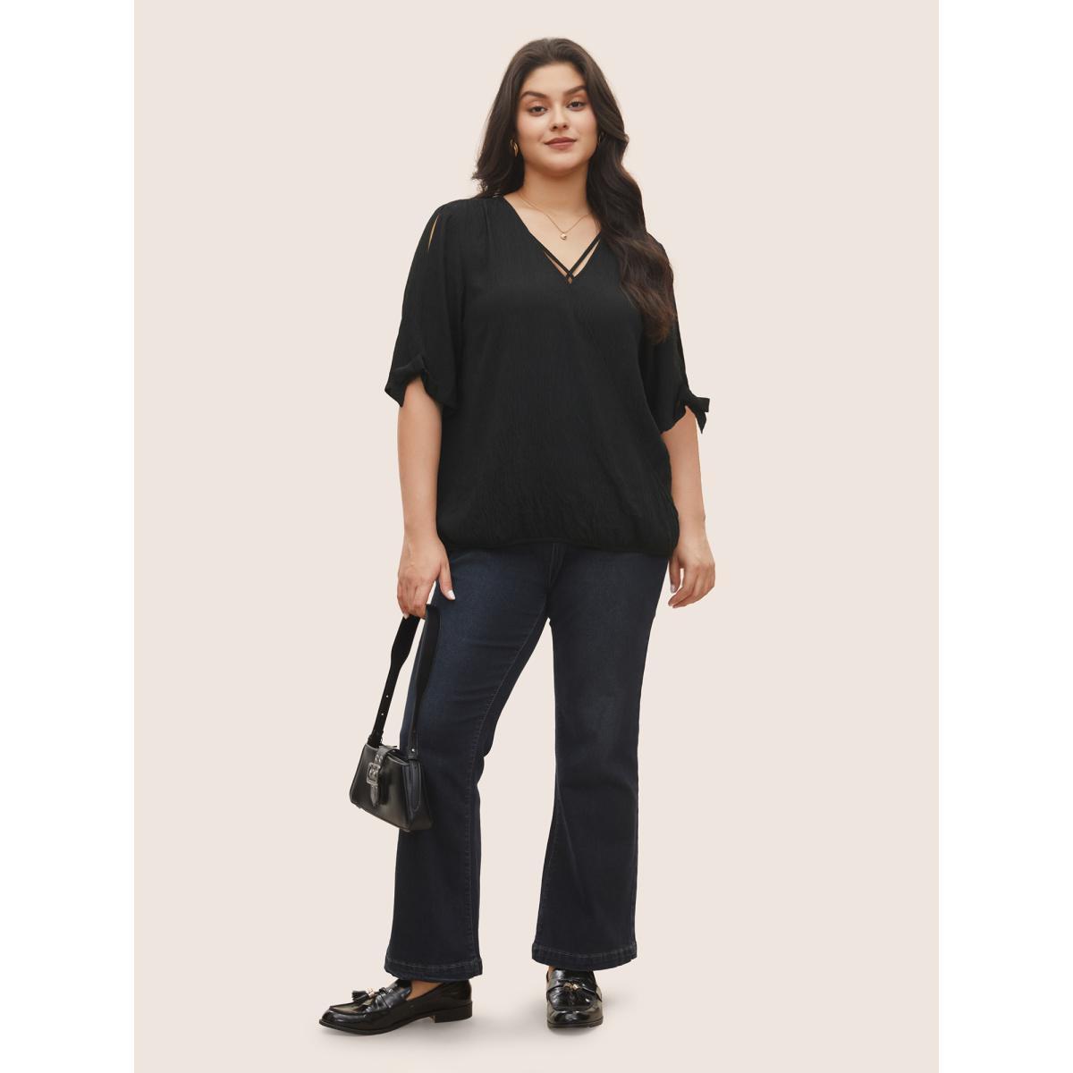 Plus Size Black Stretchy Woven Bowknot Cut Out Gathered Crisscross Blouse Women At the Office Half Sleeve V-neck Work Blouses BloomChic 14-16/1X Product Image
