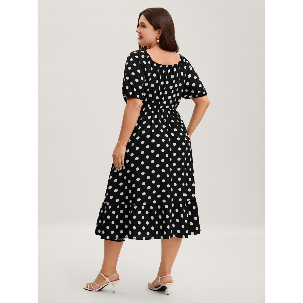 Plus Size Polka Dots Pleated Bodice Midi Dress Black Women Pleated Square Neck Short sleeve Curvy BloomChic 10/M Product Image