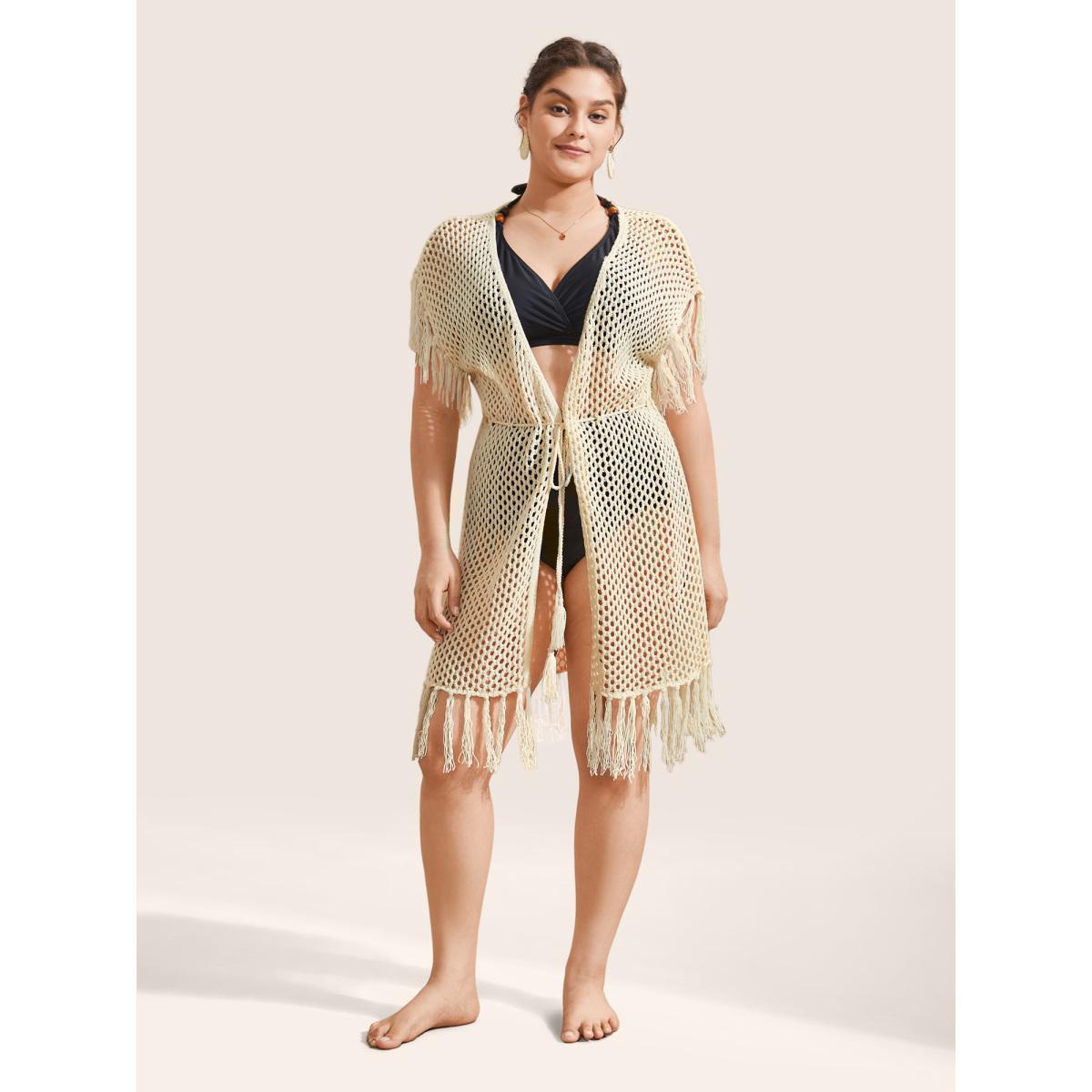 Plus Size Solid Cut Out Drawstring Tassel Trim Swim Cover Up Women's Swimwear Ivory Beach Tassels Curve Swim Cover Ups BloomChic 18-20/2X Product Image