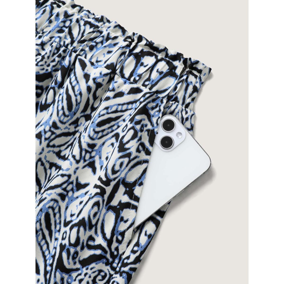 Plus Size Abstract Floral Print Shirred Wide-Leg Pants Women Indigo Resort Wide Leg Mid Rise Vacation Pants BloomChic 26/4X Product Image