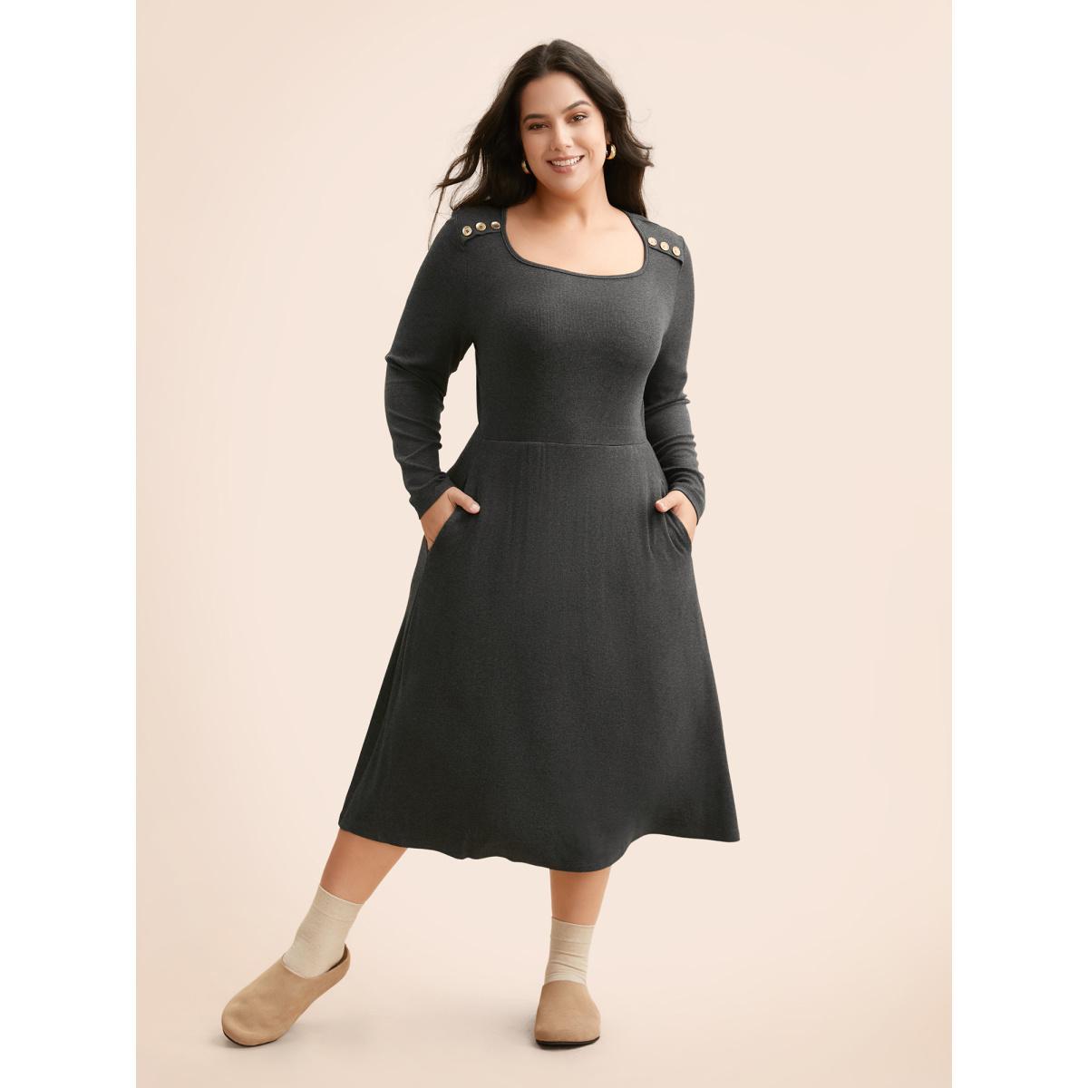 Plus Size Supersoft Essentials Button Shoulder Midi Dress DarkGray Women Casual Texture Square Neck Long Sleeve Curvy BloomChic 30/6X Product Image