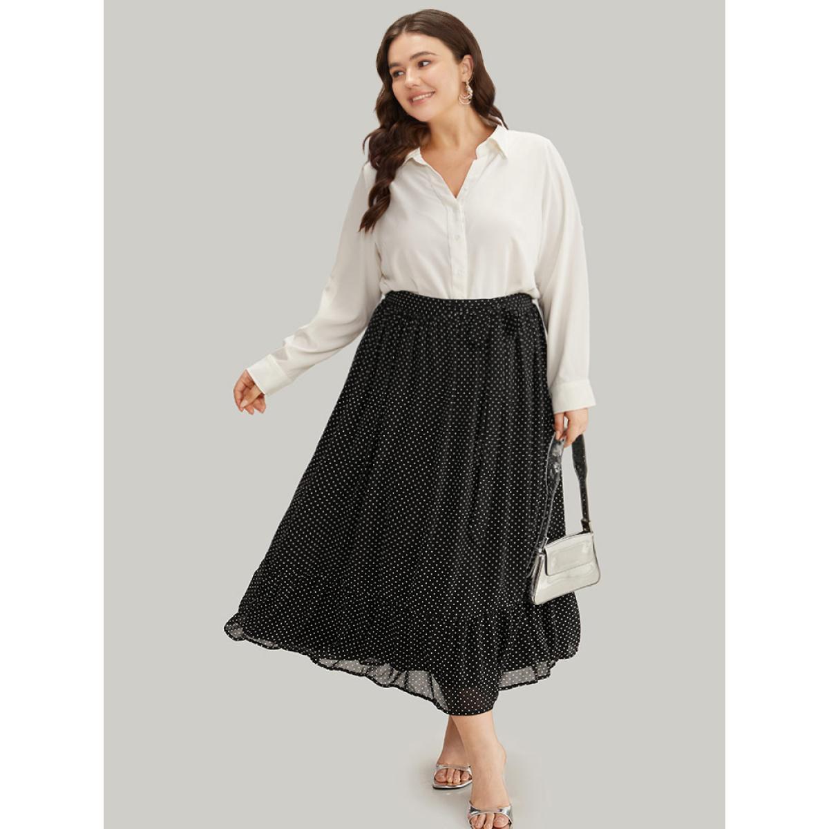 Plus Size Polka Dot Bowknot Ties Ruffles Skirt Women Black Office Lined No stretch Work Skirts BloomChic 28/5X Product Image