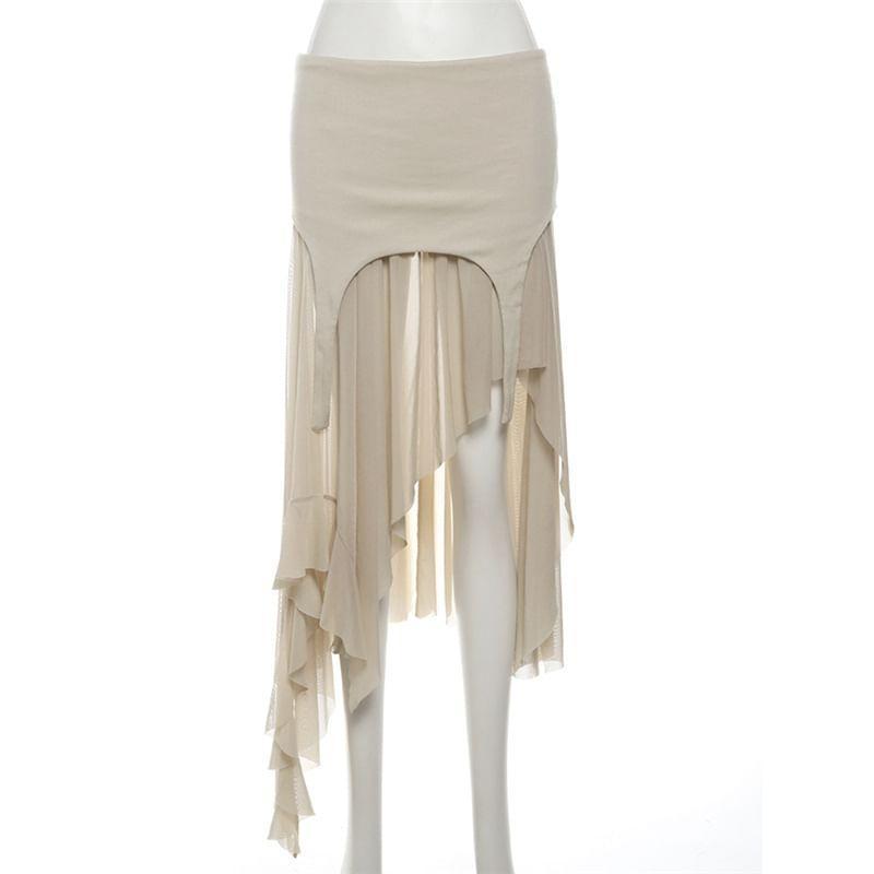 Mid Rise Plain Asymmetrical Panel Mesh A-Line Skirt Product Image