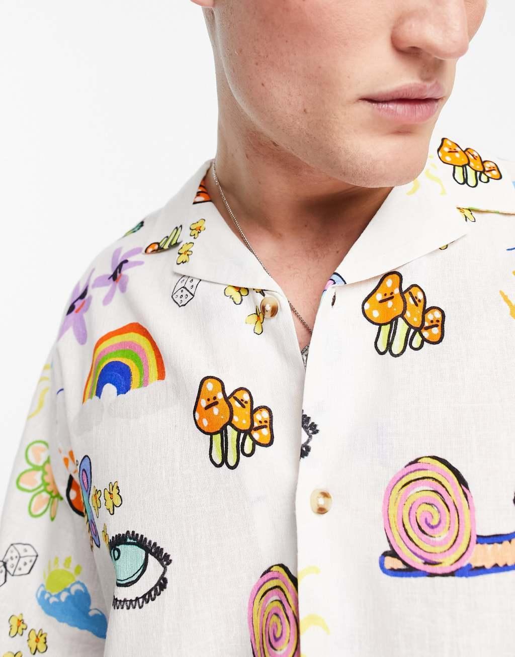 ASOS DESIGN boxy oversized revere linen mix shirt in doodle print Product Image