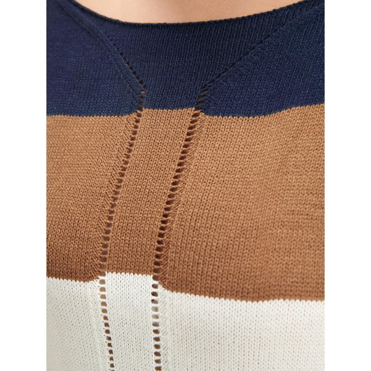 Plus Size Colorblock Contrast Pointelle Knit Eyelet Split Hem Knit Top Midnight Women Casual Loose Long Sleeve Round Neck Dailywear Pullovers BloomChic 14-16/1X Product Image