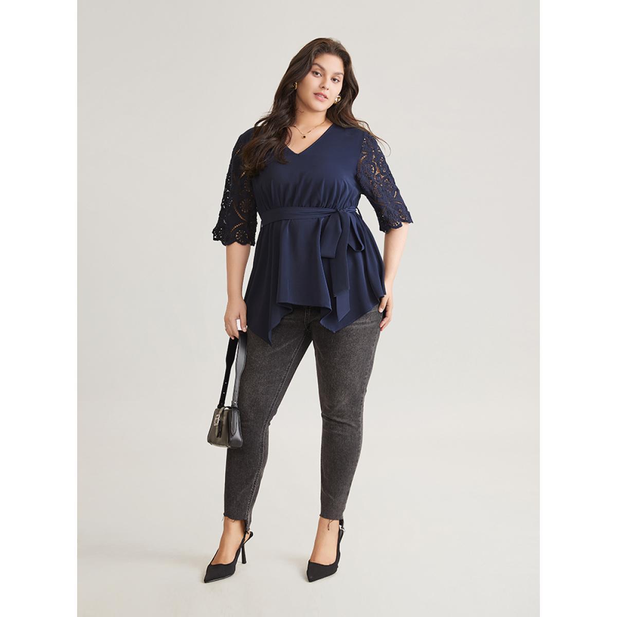 Plus Size Indigo Lace Patchwork Belted Hanky Hem Blouse Women Elegant Half Sleeve V-neck Work Blouses BloomChic 28/5X Product Image