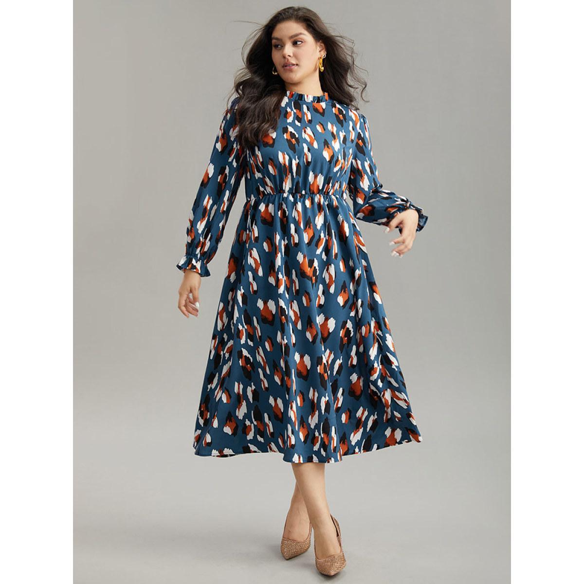 Plus Size Allover Print Stand Collar Pocket Ruffles Dress Aegean Women Office Printed Stand-up collar Long Sleeve Curvy Midi Dress BloomChic 28/5X Product Image