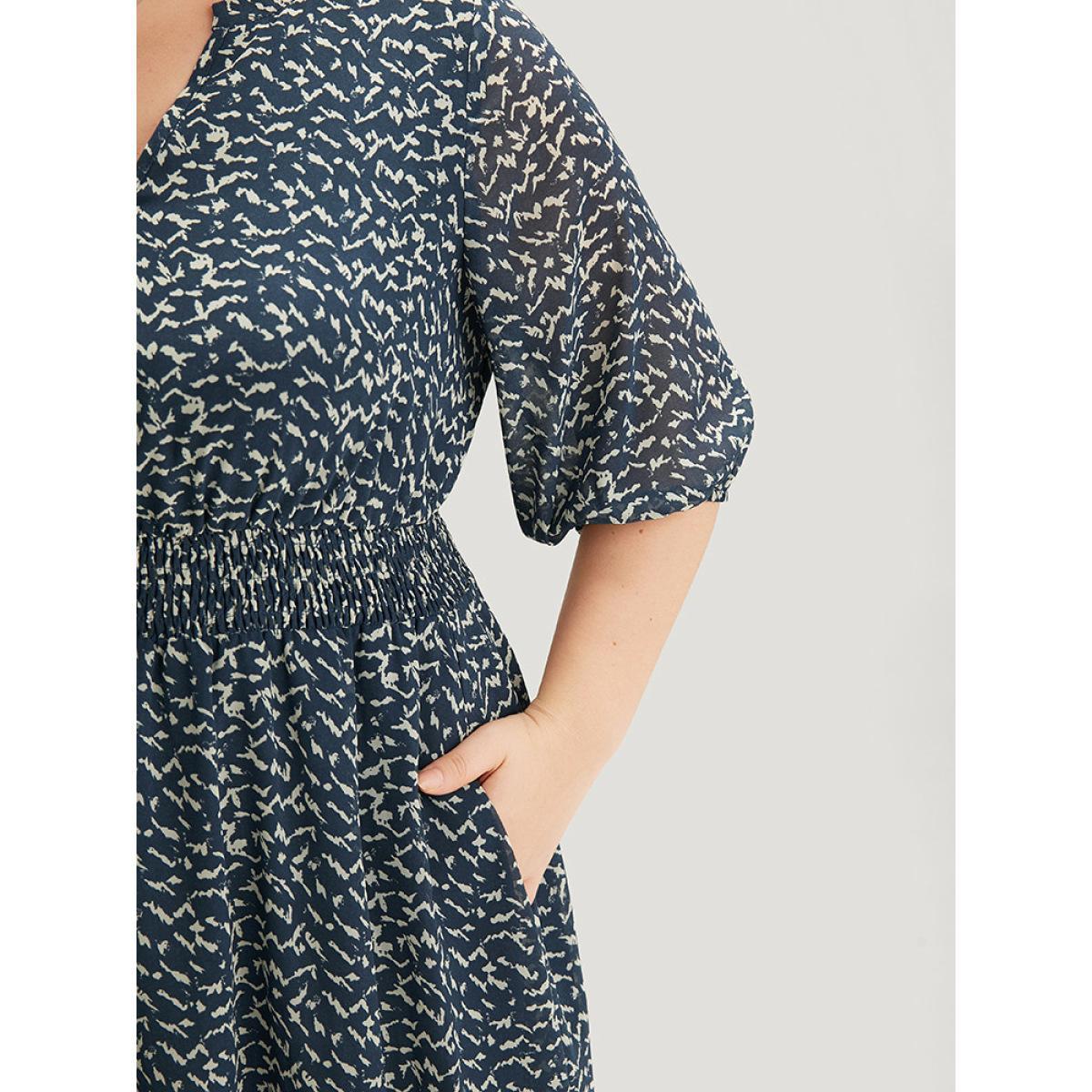 Plus Size Bird Print Notched Shirred Lantern Sleeve Dress Blue Women Office Elastic cuffs Notched collar Half Sleeve Curvy Midi Dress BloomChic 30/6X Product Image
