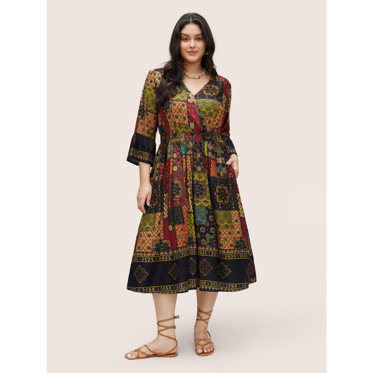 Plus Size Moroccan Print Shirred Elastic Waist Wrap Dress DarkBlue Women Resort Non Overlap Collar Elbow-length sleeve Curvy Midi Dress BloomChic 18-20/2X Product Image