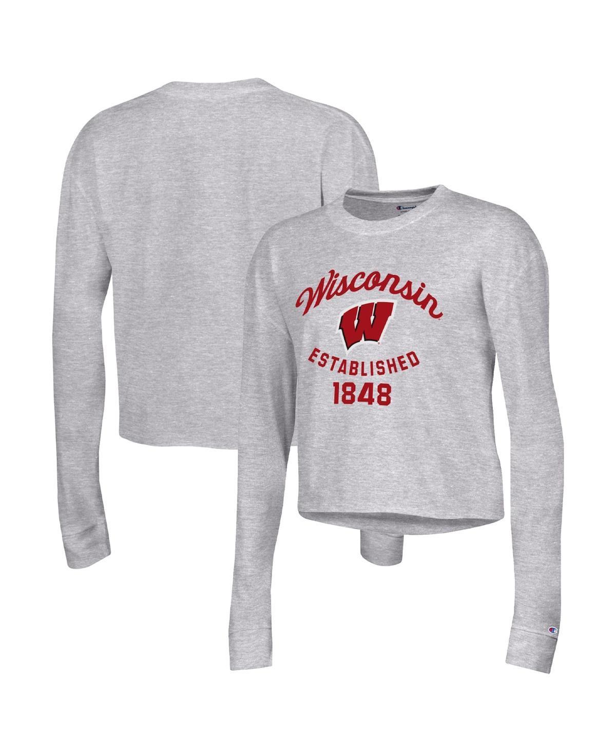 Women's Champion Gray Wisconsin Badgers Boyfriend Cropped Long Sleeve T-Shirt, Size: XL, Grey Product Image