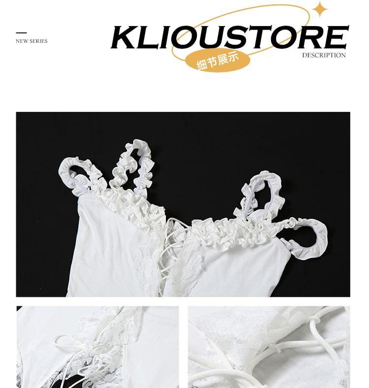 Off-Shoulder Plain Asymmetrical Lace Panel Frill Trim Cutout Lace-Up Crop Top Product Image
