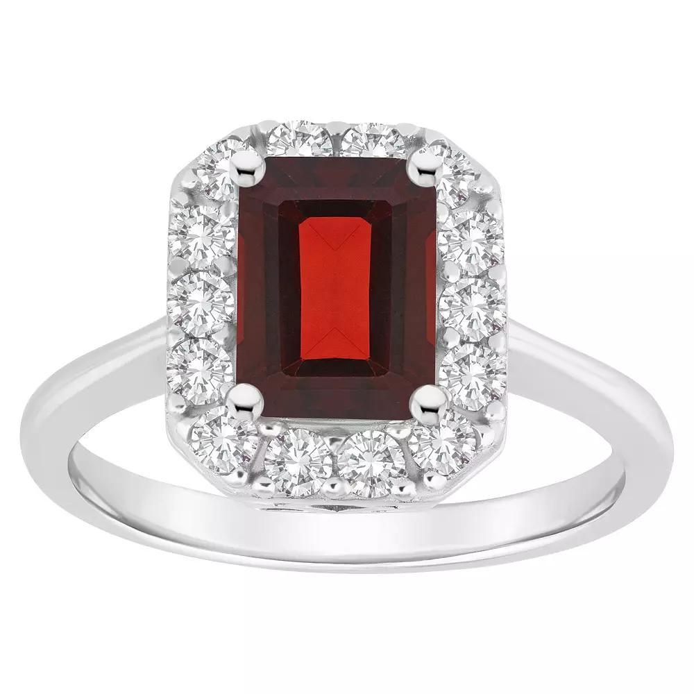 Celebration Gems Sterling Silver Emerald Cut Gemstone Halo Ring, Women's, Size: 8, Red Product Image