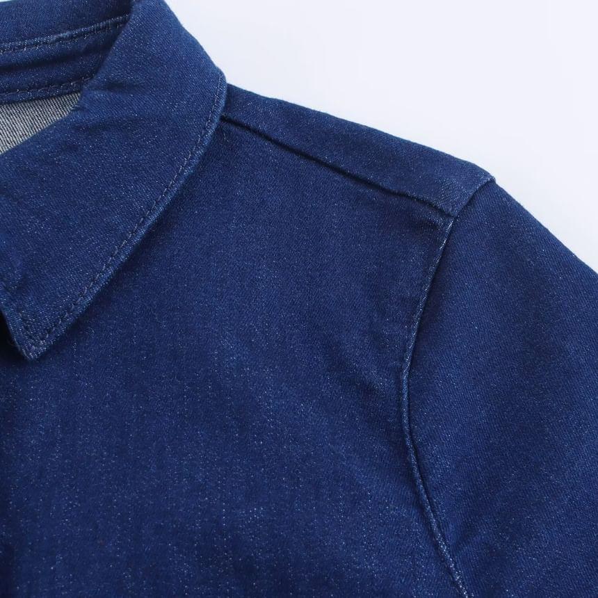Short-Sleeve Collar Pleated Denim Button Mini A-Line Dress Product Image
