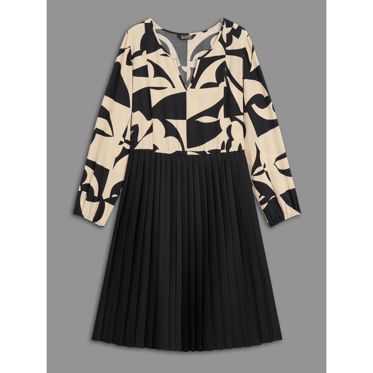 Plus Size Notched Geometric Print Pleated Dress Black Women At the Office Pleated Flat collar with V-notch Long Sleeve Curvy BloomChic 18-20/2X Product Image