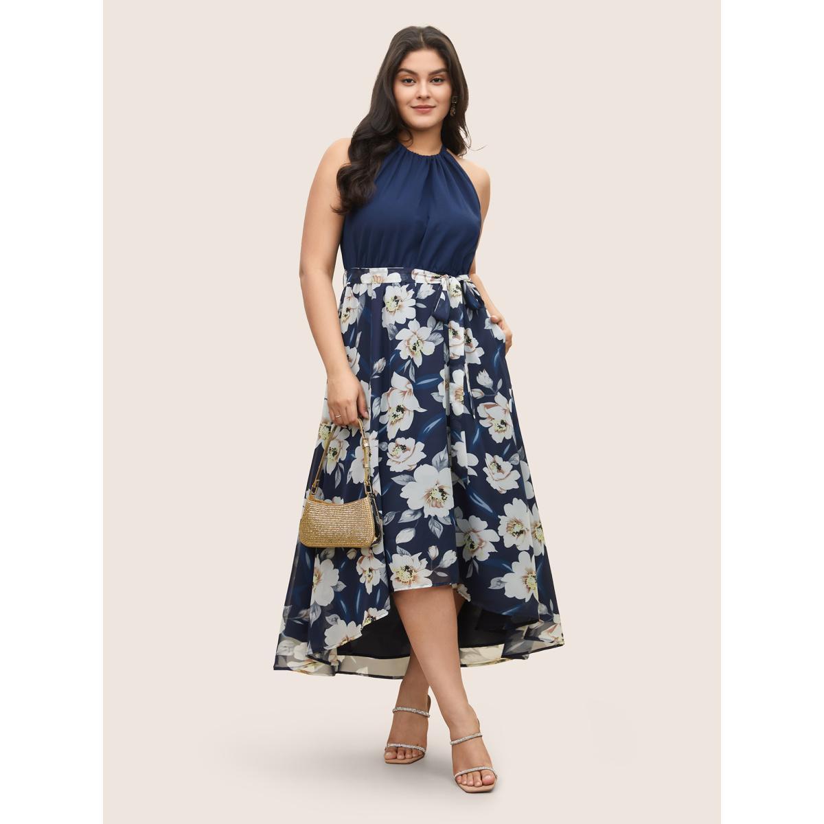 Plus Size Floral Patchwork Halter Ties High Low Hem Dress Indigo Women Elegant Non Halter neck Sleeveless Curvy Midi Dress BloomChic 30/6X Product Image
