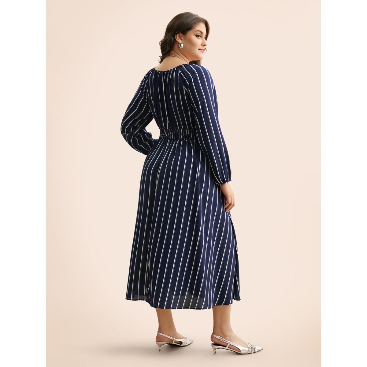 Plus Size Striped Shirred Lantern Sleeve Maxi Dress DarkBlue Women Elegant Tie knot U-neck Long Sleeve Curvy BloomChic 30/6X Product Image